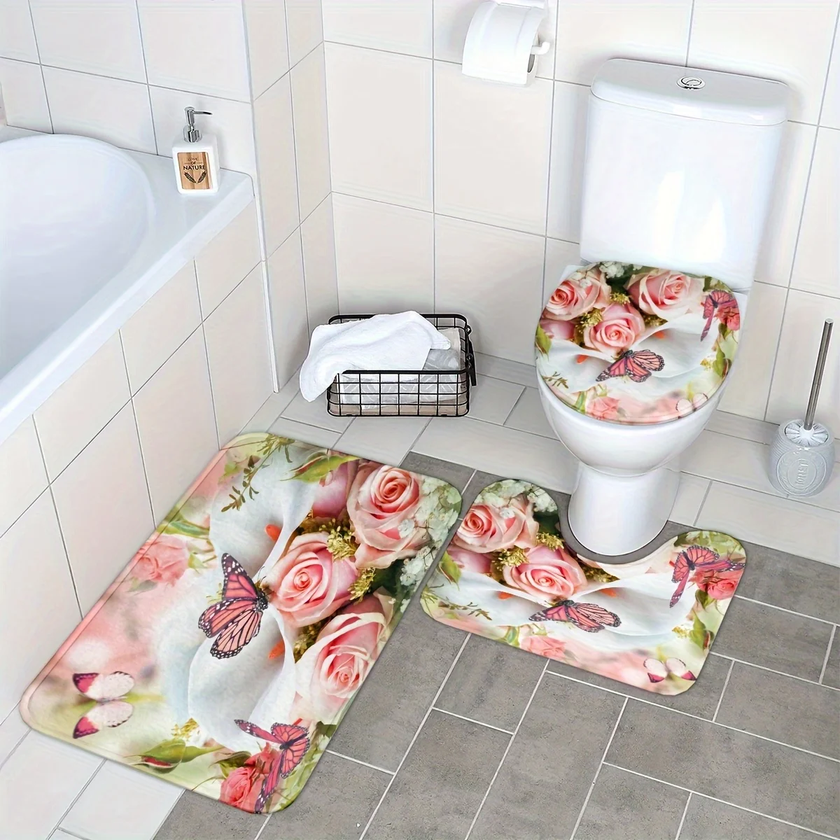 

Набор из 3 предметов: розовый коврик для ванной с розами и бабочками, цветочный, нескользящий, впитывающий, с покрытием для унитаза, напольный ковер, декор для дома