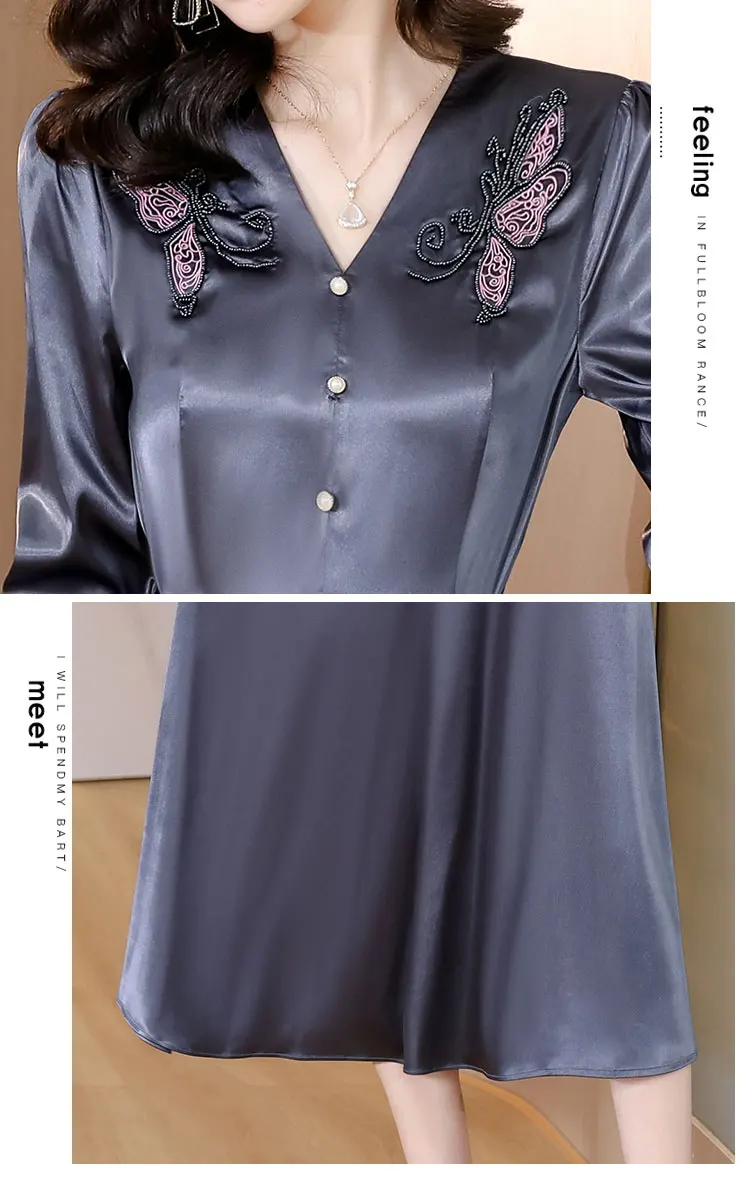 秋冬シルクアセテートサテンミディドレス女性ファッション刺繍 V ネックウエディングドレス 2025 韓国エレガントな高級シックなパーティードレス