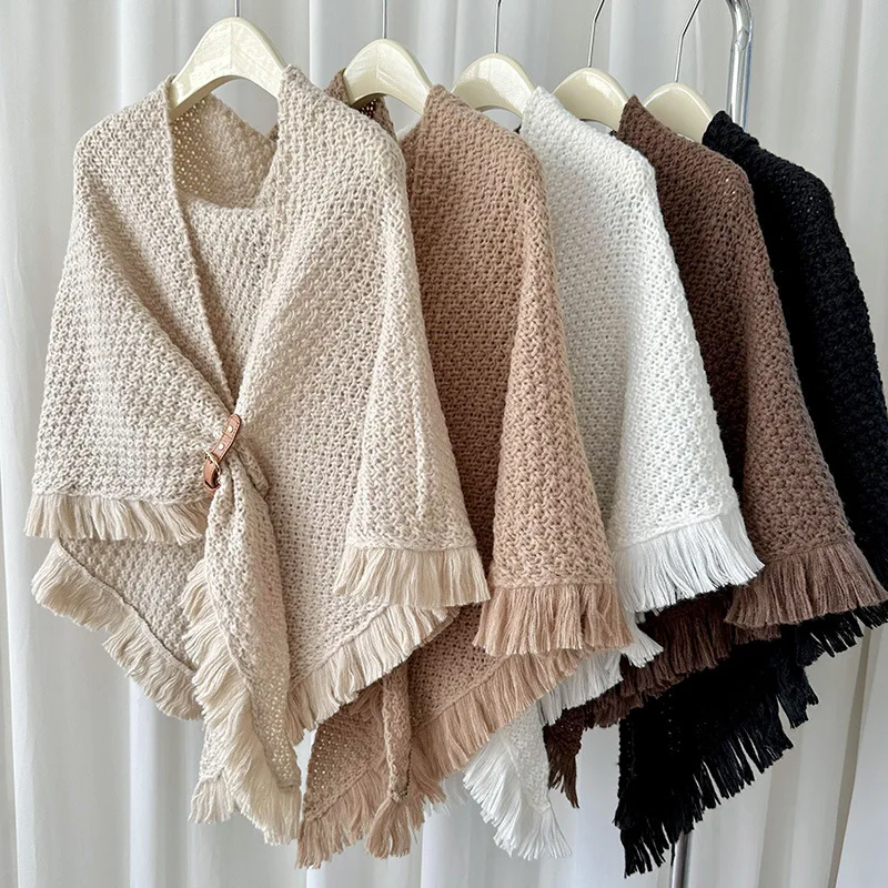 New Autumn and Winter Tassel Cape Shawl Korean Style All-match Thick Warm Neck Protection Solid Color Knotted Scarf