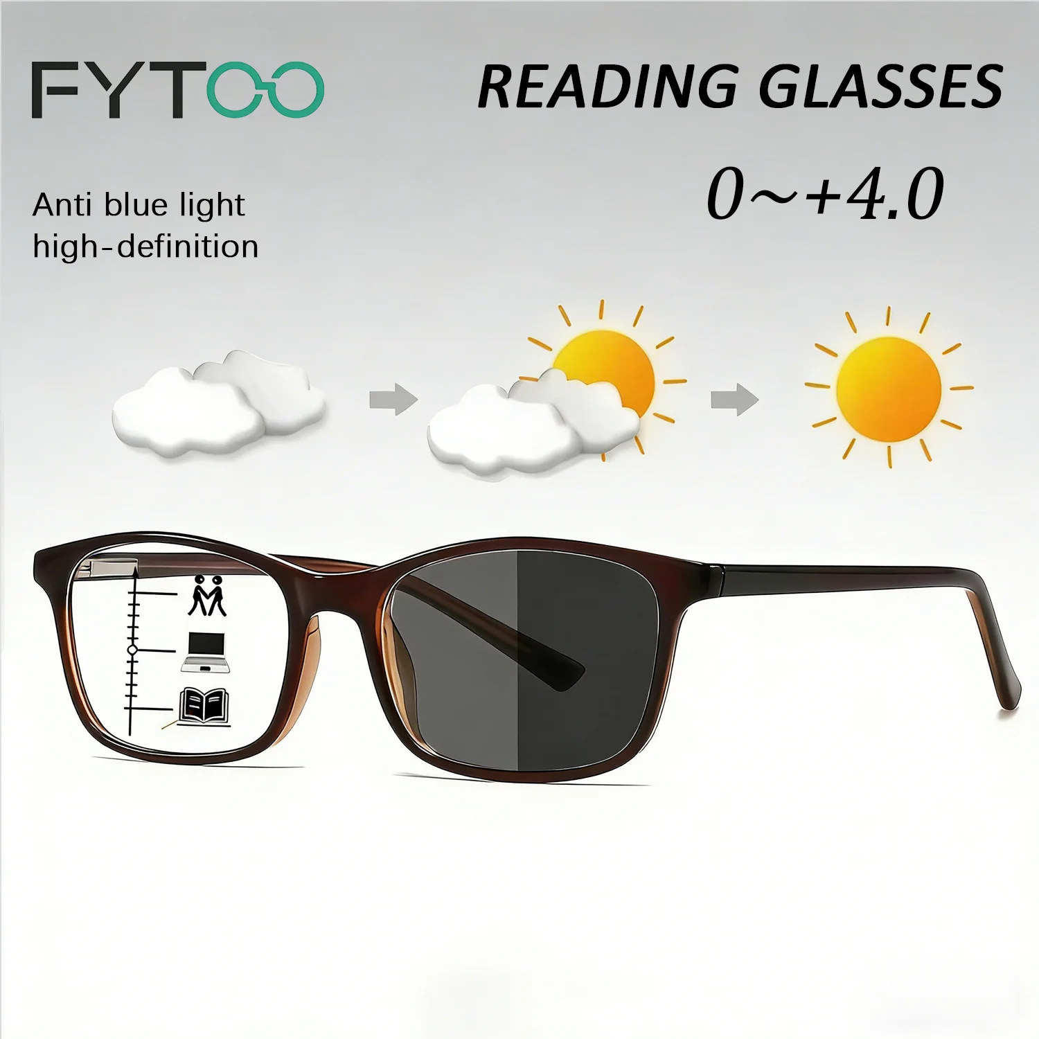 

FYTOO Progressive Multifocal Photochromic Reading Glasses Auto-Dimming Eyewear for Daily Use 2230