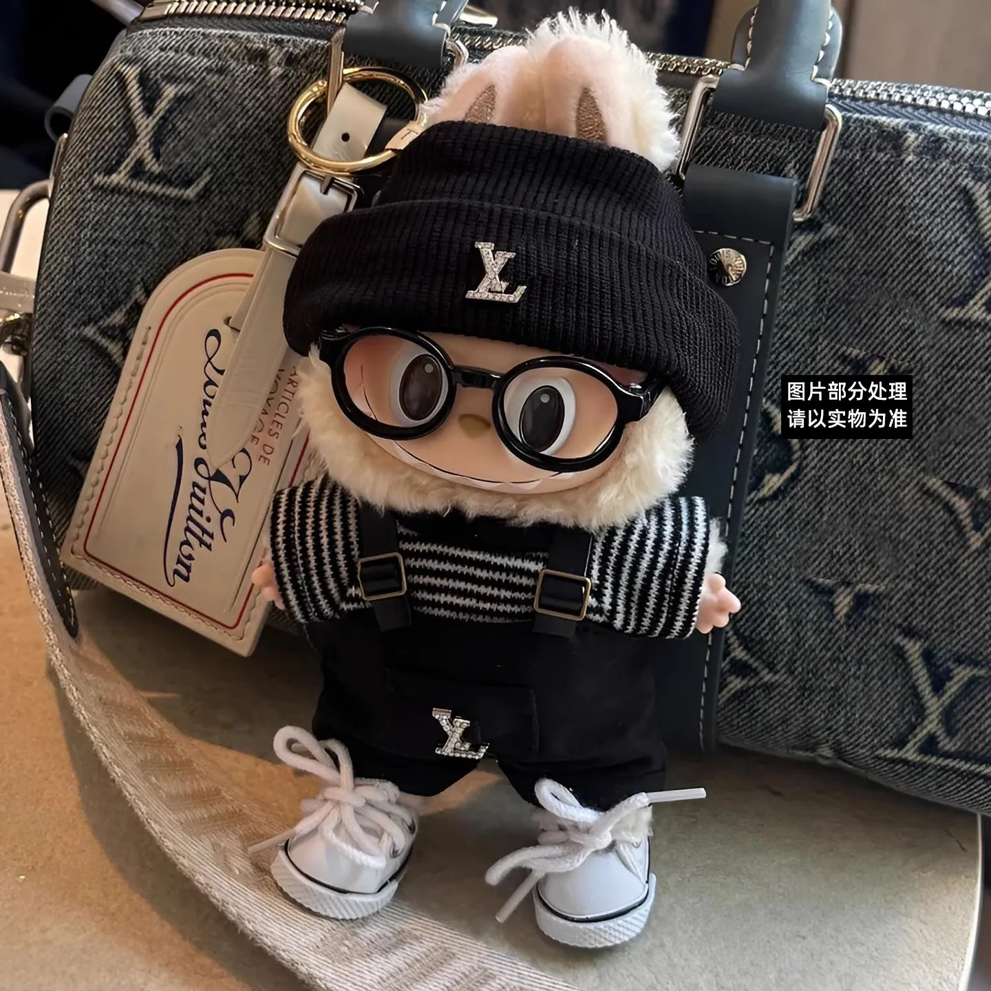 [vetements-uniquement]-un-deuxieme-et-troisieme-labubu-bebe-vetements-costume-noir-haute-couture-labu-tissu-bretelles-raye-vetements-faits-a-la-main