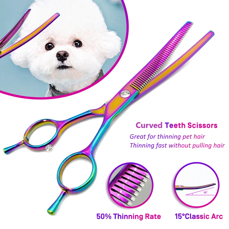 Bunte gebogene Effilierschere für Hunde, 7,0 Zoll, professionelle Hundepflegeschere, gebogene Effilierschere für Haustiere – Detail 7