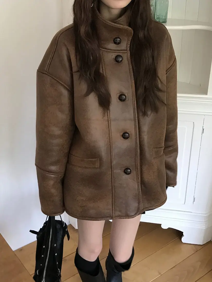 Sli 韓国産ラムファー ジャケット レディース 冬 レトロ スエード バイカーコート エレ アウターウェア レギュラー丈 アリゲーターパターン