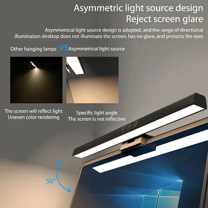 Eye-Care Desk Lamp 50/33cm LED Computer PC Monitor Screen Light Bar Stepless Dimming Reading USB Powered Hanging Table Lamp