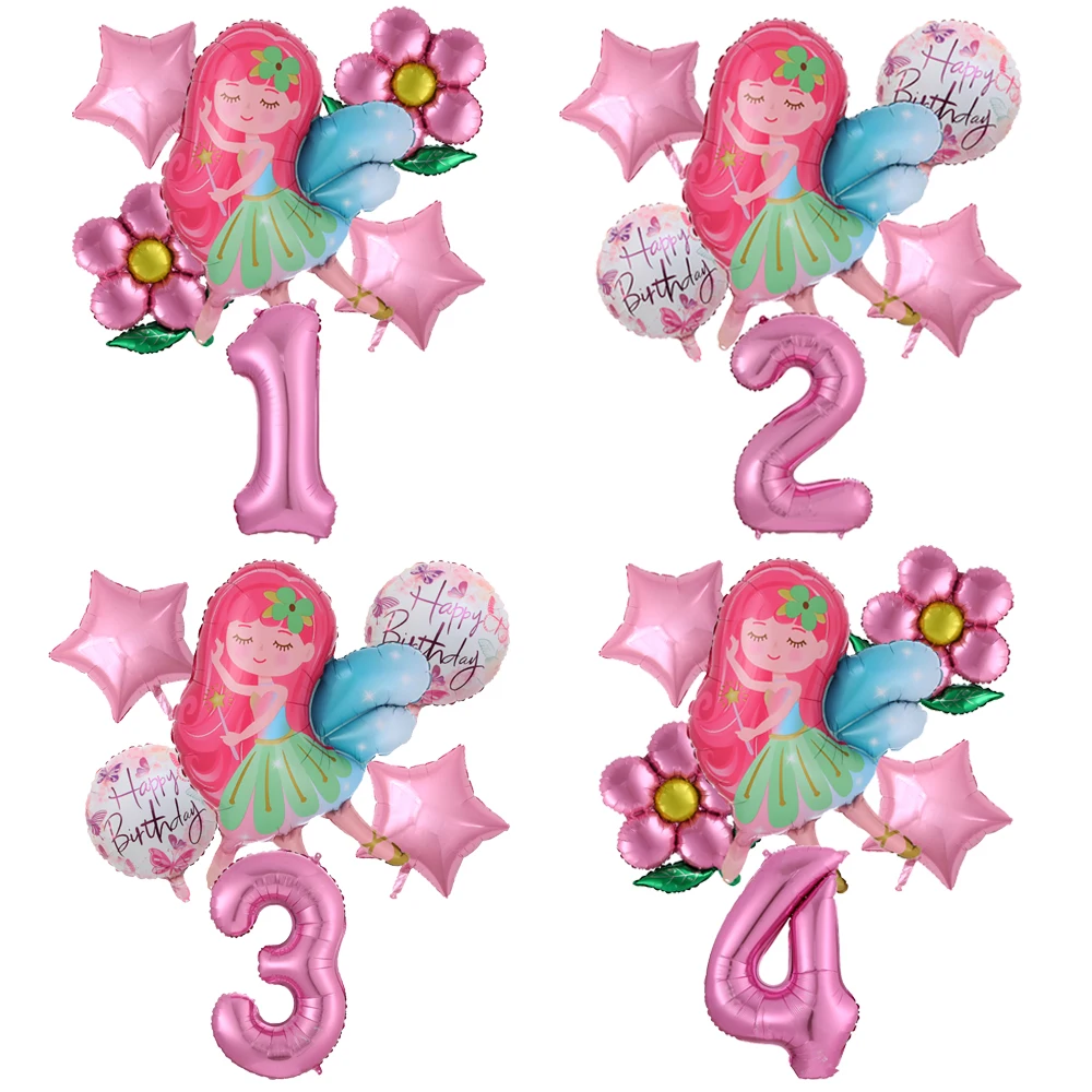 6 szt. Balony dla mała wróżka dziewczynek motyl z folii słonecznikowej balon 32-calowy różowe cyfry balon 1-9 lat dziewczynka urodziny Decorat — zdjęcie 2