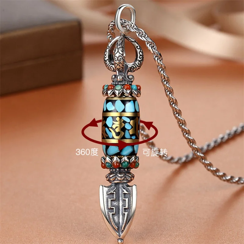 Retro Blue Stone Magic Pestle Pendant Men Jewelry Rotatable Buddist Scriptures Bead Necklace Male Personality Amulet Accessories