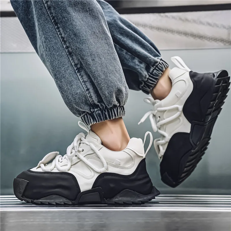 Thick soled casual men's shoes Fashionable Black and white color blocking style Trendy Party Outdoor daily youth New hot shoes