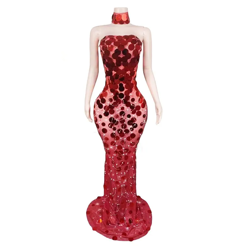 

Women Singer Model Sexy Transparent Stage Performance Costume Red Sequin Mesh Backless Strapless Long Dress Party Photo Shoot