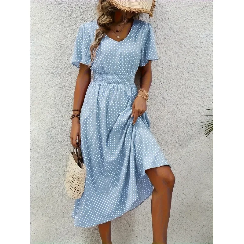 Plus Size 1XL-5XL New Womens Summer V Neck Maxi Dress Short Sleeve Dress Trendy Ruffle Hem A-Line Dresses