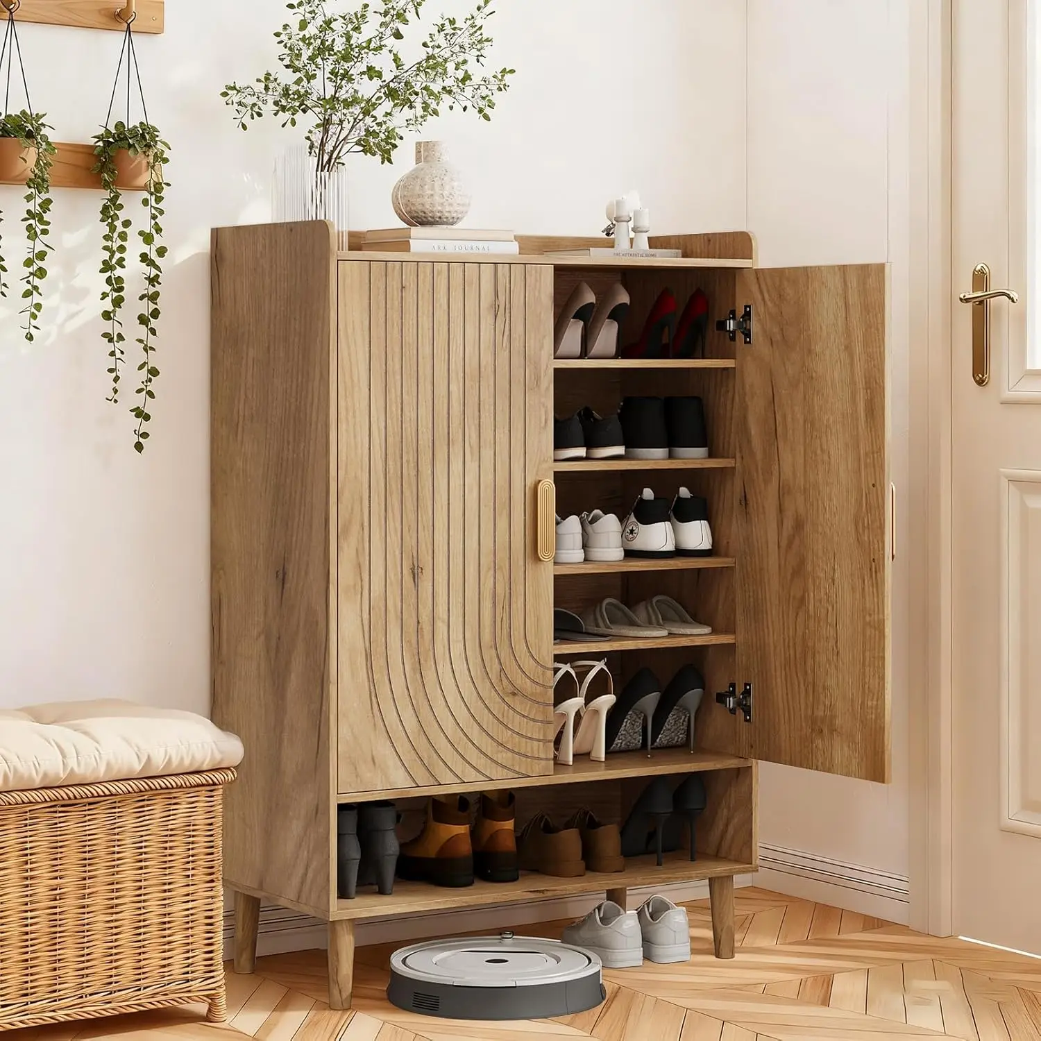 Oak Shoe Cabinet with Line Groove Design, 6-Tier Shoe Storage Cabinet with Adjustable Shelves, Freestanding Shoe, Customized