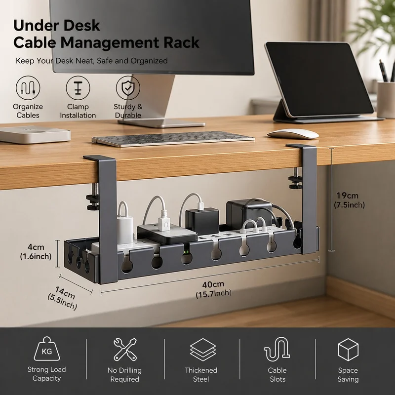 No Drill Under Desk Cable Management Tray, 36