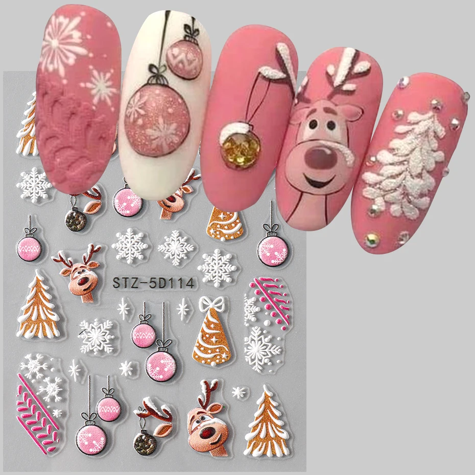 5D Embossed Christmas Nail Stickers Cartoon Elk Santa Claus Snowflake Designs Self-Adhesive Festive Nail Art Decals Decoration