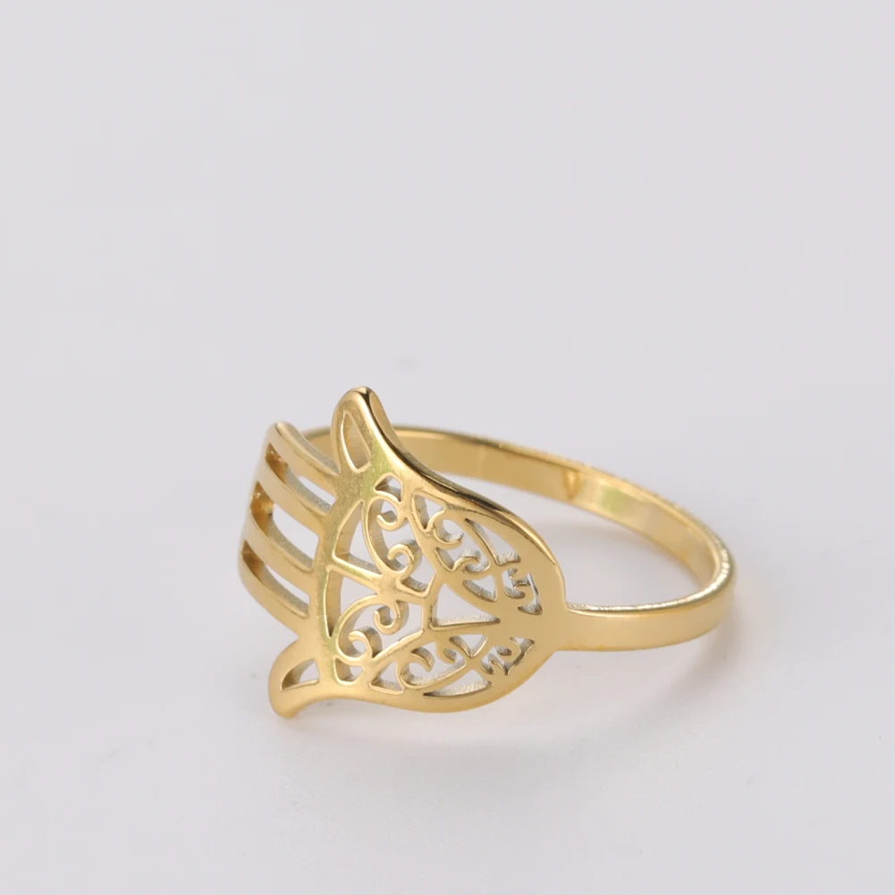 Kkjoy Damenringe, silberfarben, Hamsa, Hand der Fatima, Edelstahl, weibliche Persönlichkeit, hohler Schmuck, Accessoires, Mädchen-Geschenk – Detail 7