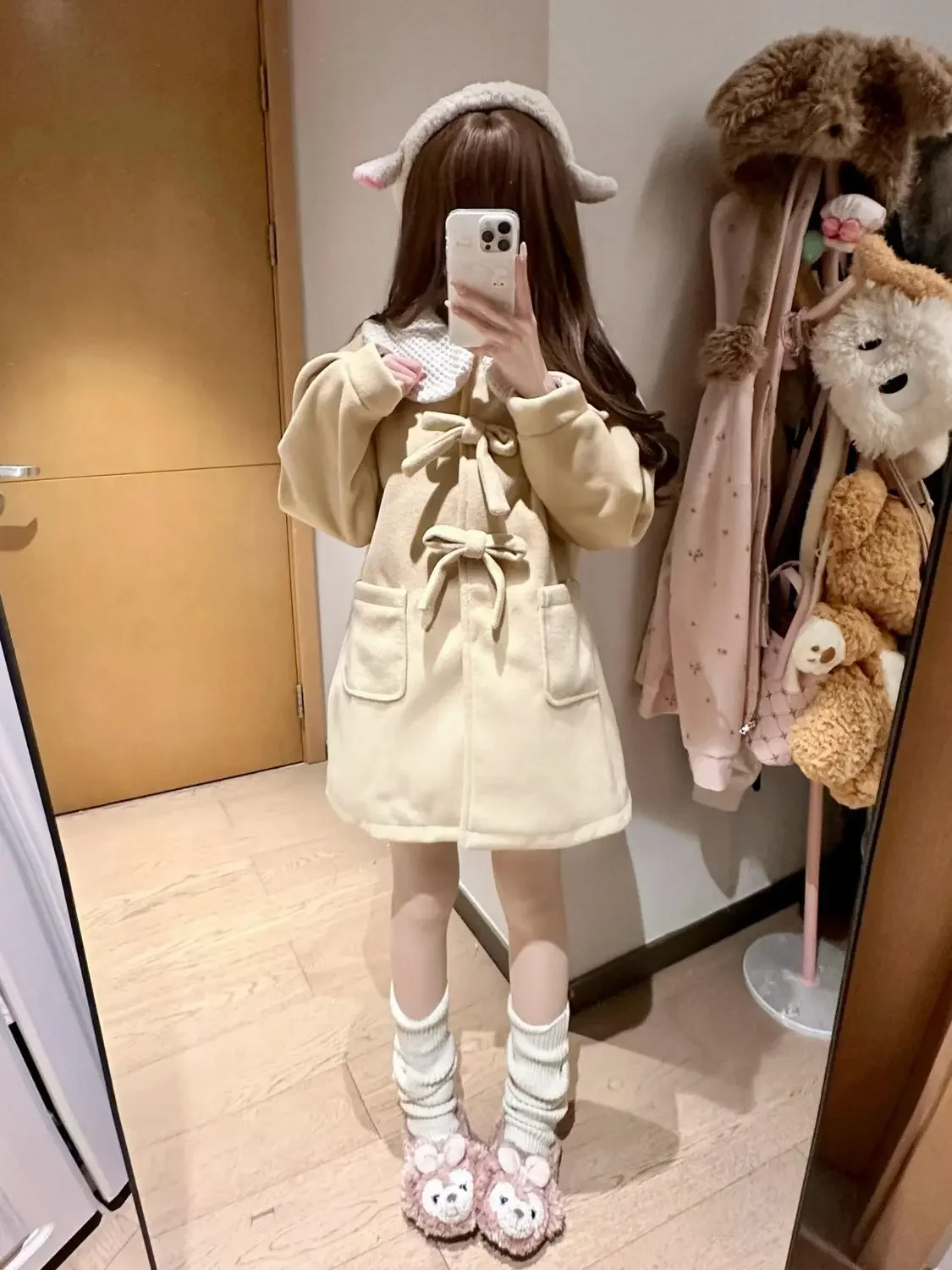 Sweet Cute Girl Peter Pan Collar Patchwork Contrast Color Loose Tie Bow Y2k Top Women Coat Winter New Wrap Coat Abrigos Mujer