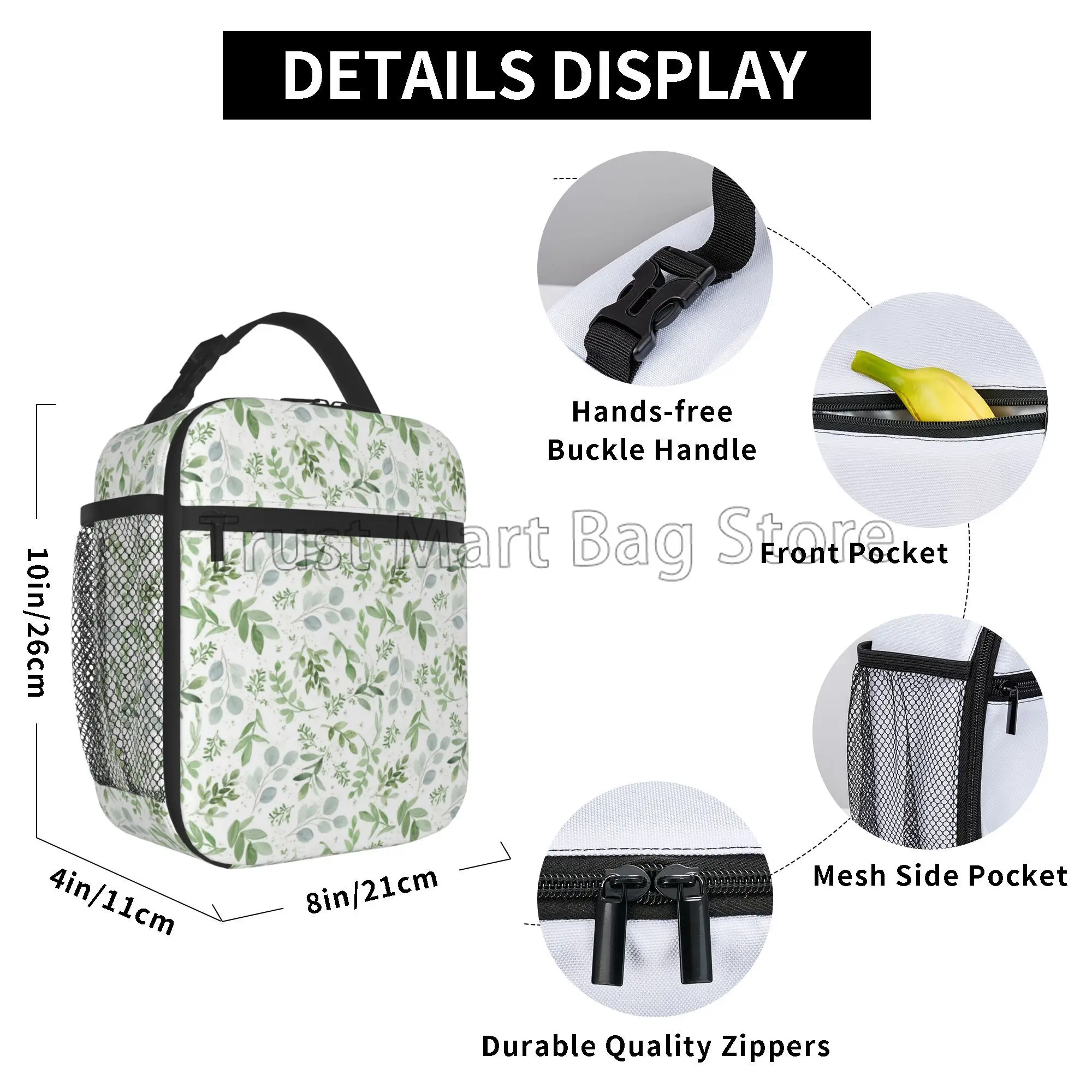 Sage Green Insulated Lunch Bag Spring Watercolor Eucalyptus Floral Portable Thermal Lunch Box Reusable Tote Bag for Women Picnic