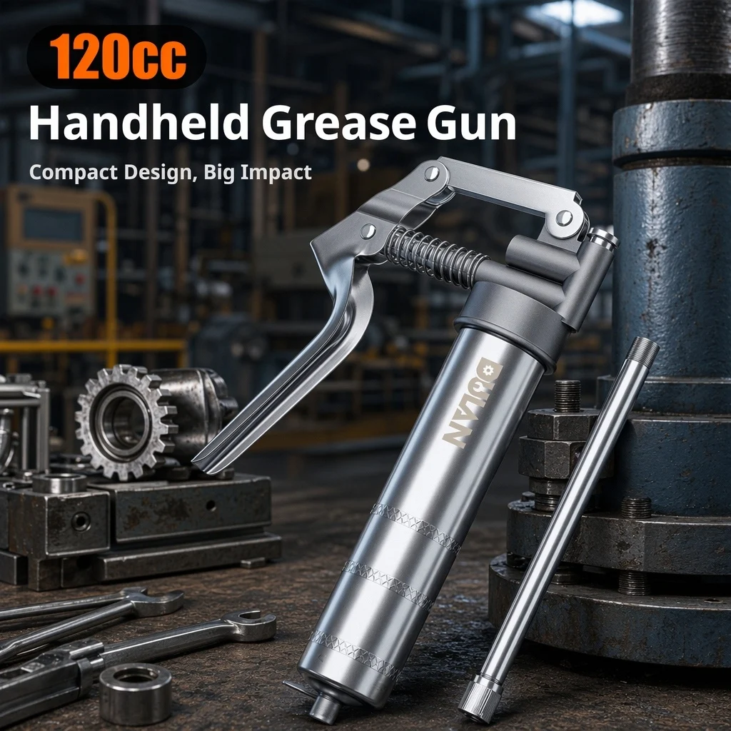 Industrial-Grade Hand Grease Gun: 29.5cm Length, 120cc Reservoir, Dual-Tube Setup, for Low-Volume Lubrication Tasks