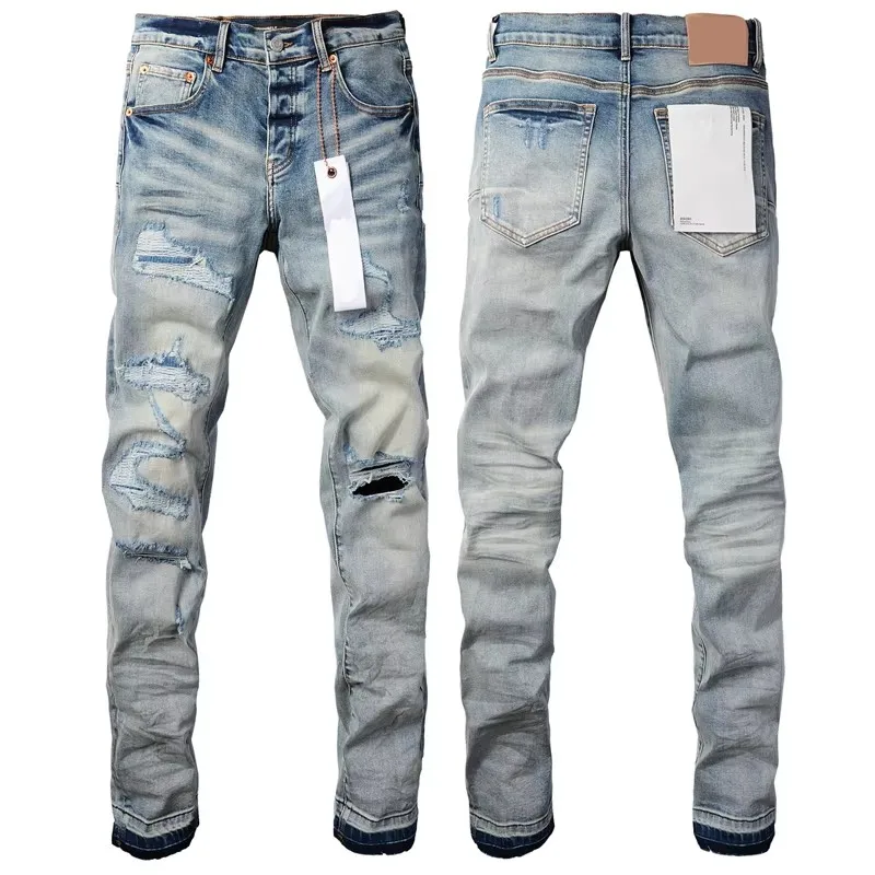 Classic Light Blue BRANDS Jeans Retro Do Old Knee Ripped Denim Long-pants Men Women Same Style Trend Slim-fit Pencil Pants