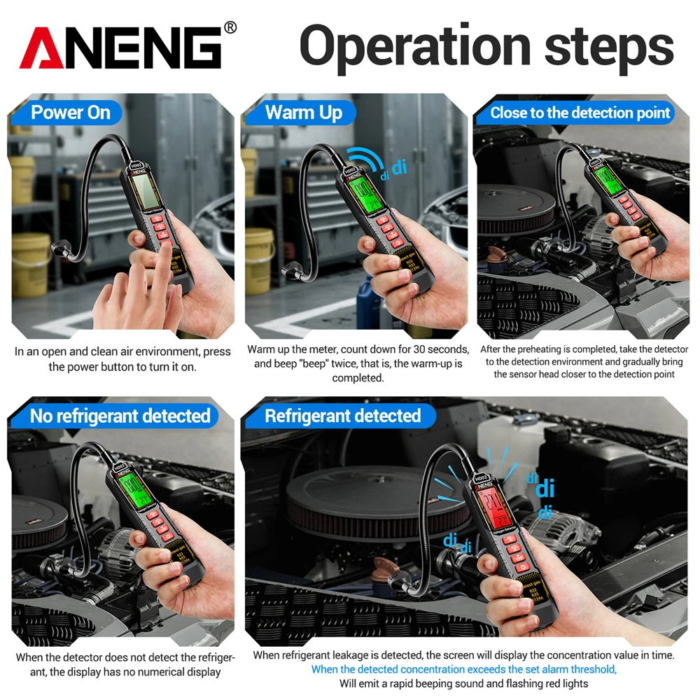 Detektor Kebocoran Gas Halogen Profesional ANENG HD02 0~1000PPM Penguji Refrigeran R22/R32/R134a Layar LCD Alarm Visual dan Suara