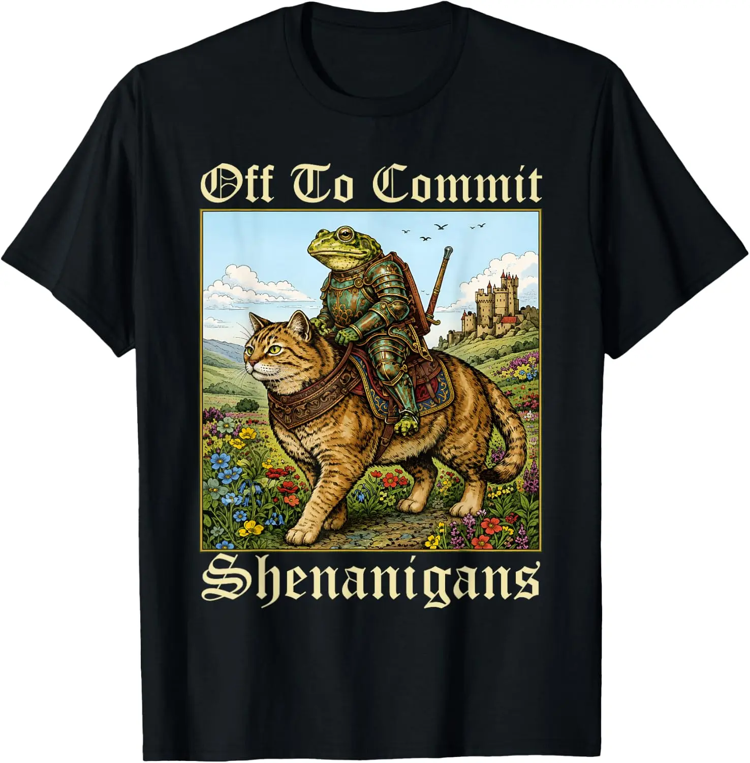 Off To Commit Shenanigans Medieval Frog Knights Riding Cat T-Shirt