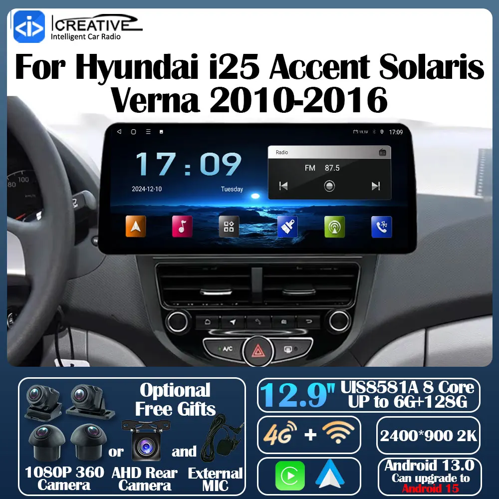 Android 13 Car Radio For Hyundai i25 Accent Solaris Verna 2010-2016 Carplay Auto Multimedia Stereo 360 Camera Navi Intelligent
