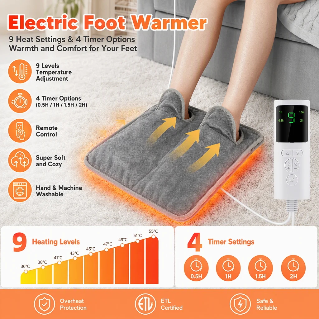 Electric Foot Heating Pad Household Foot Warmer Heater Mat with 9 Heat Levels & 4 Timers Fast Heating for Bed Office Winter Use