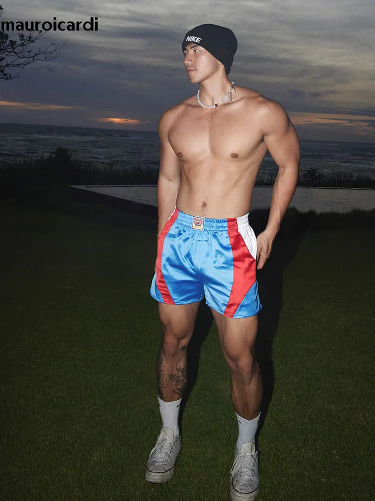 

Mauroicardi Spring Summer Color Block Patchwork Satin Shorts for Men High Waist Luxury American Retro Pants Menswear Clothing