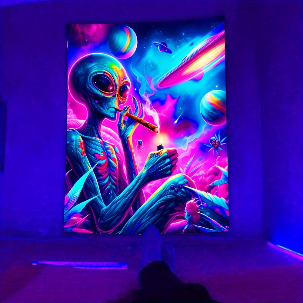 

VIKAMA Psychedelic Alien Tapestry Blue-Green Alien Rainbow Universe Living Room Sci-Fi Decorative Art Wall Hanging