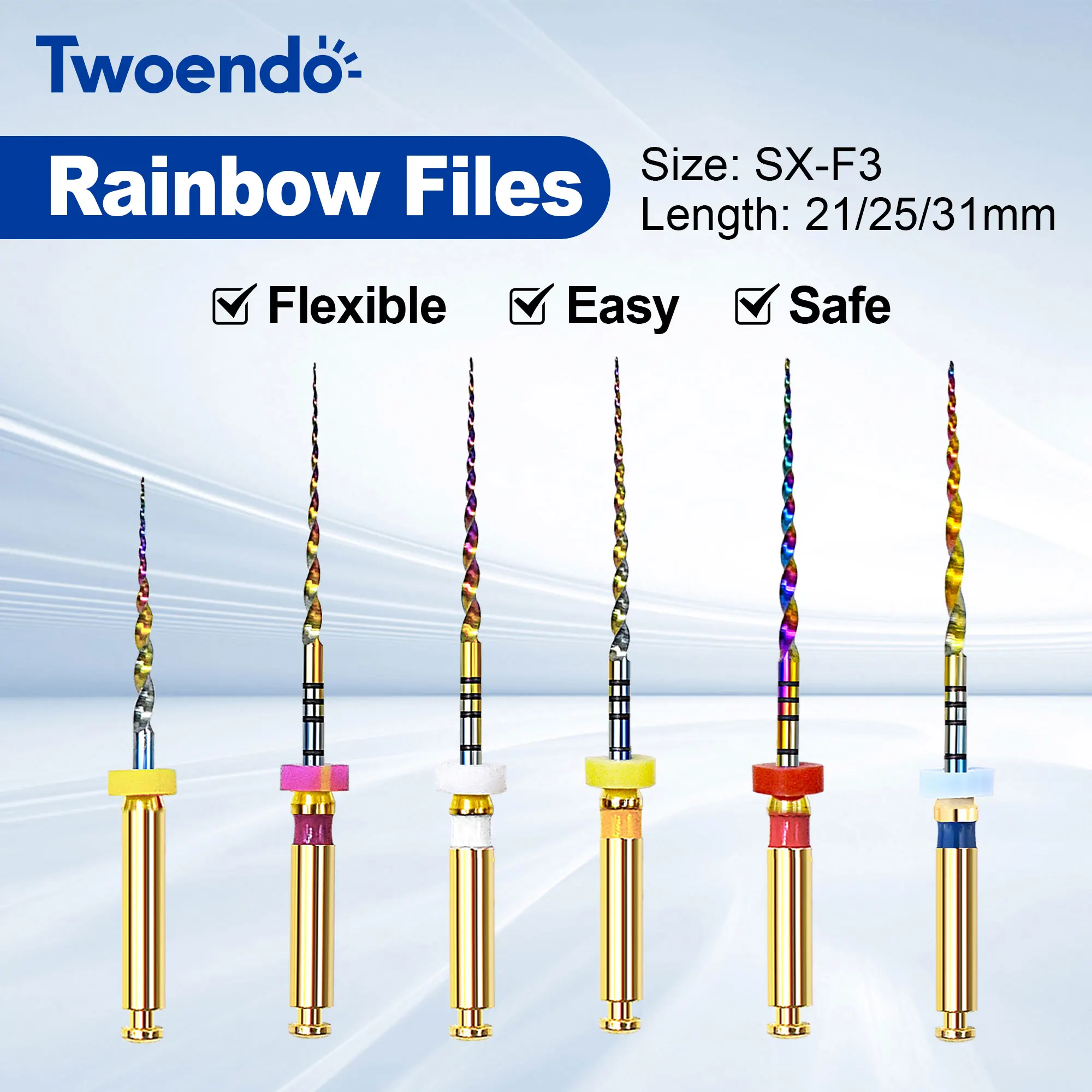 Twoendo SX-F3 Rainbow Files 21mm 25mm Rotary Root Canal Files Dentist Tool 6Pcs/Box Heat Activation Dental Endodontic Instrument
