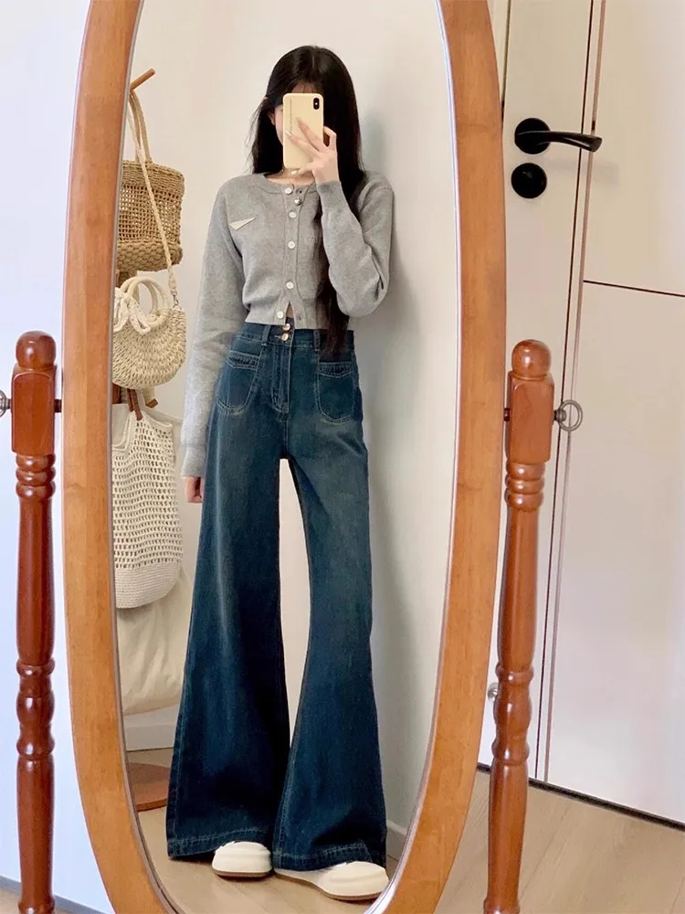 Solto confortável jeans feminino azul profundo cintura alta calças de perna larga outono novo sle plus size emagrecimento preguiçoso faion