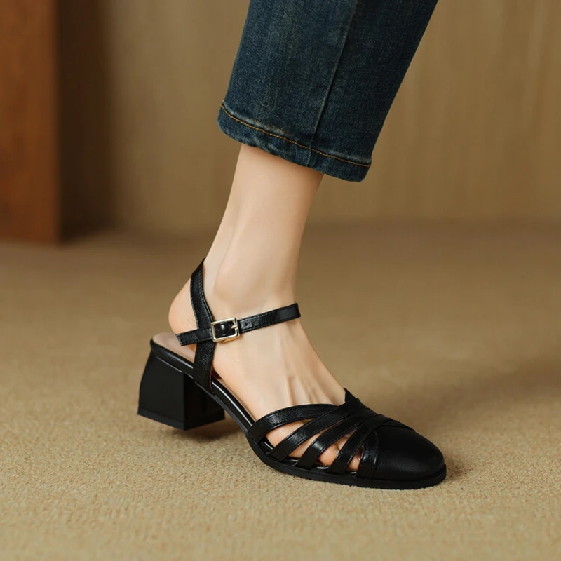 ORCHA LISA 2024 New Roamn Hollow Women Sandals Strap Buckle 5cm Thick Heel Big Size 40 41 42 43 Dress Black White Brown