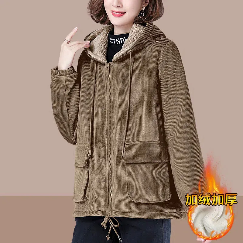 Fashion Corduroy Plus Velvet Hooded Coat Women\'s Short Thick Warm Autumn Winter Pocket Outwear 2022 New Loose Ladies Jackets