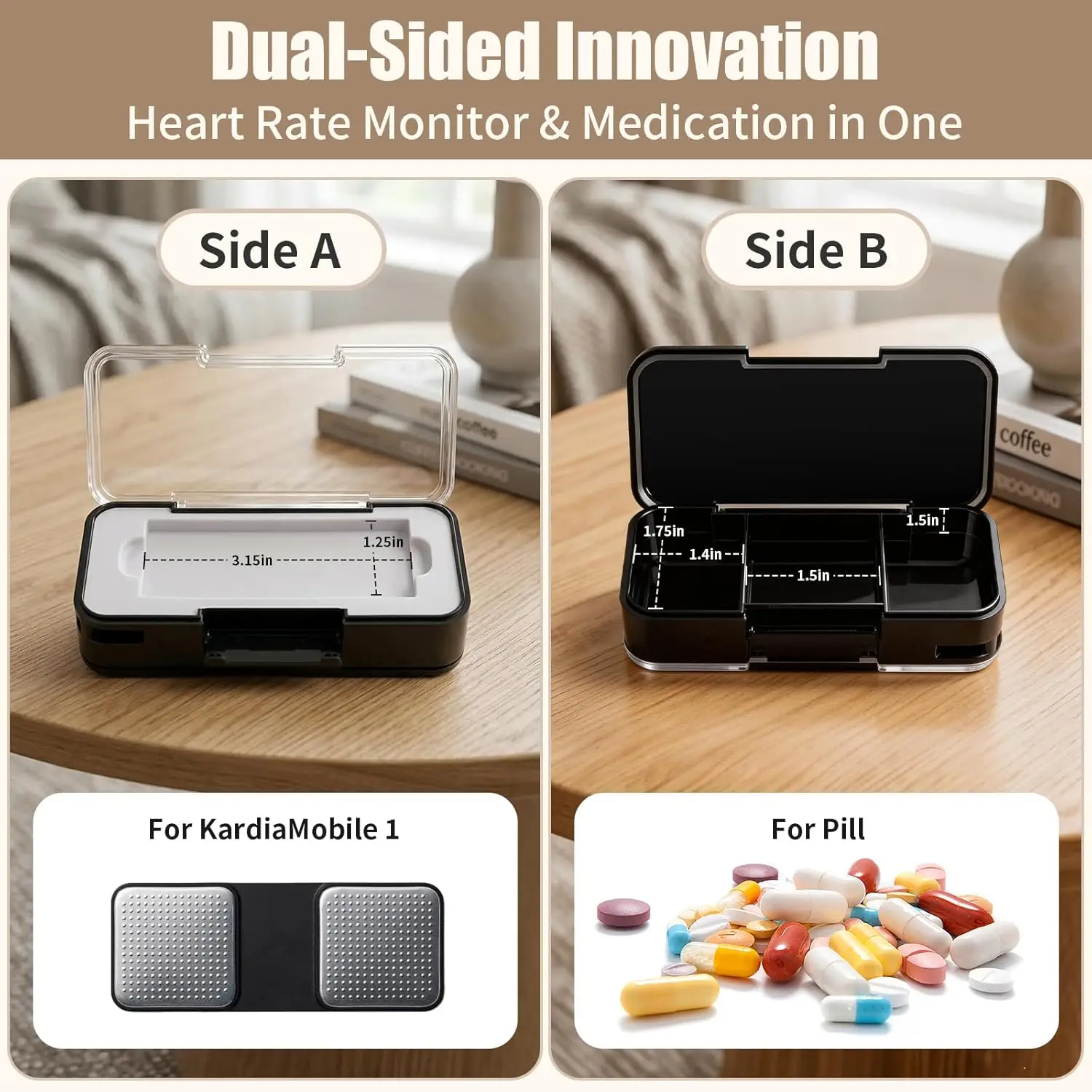 2-in-1 Heart Rate Monitor Case & Pill Box for KardiaMobile 1-Lead EKG Monitor, Hard Carrying Holder for Travel, Clear Lid, Silic