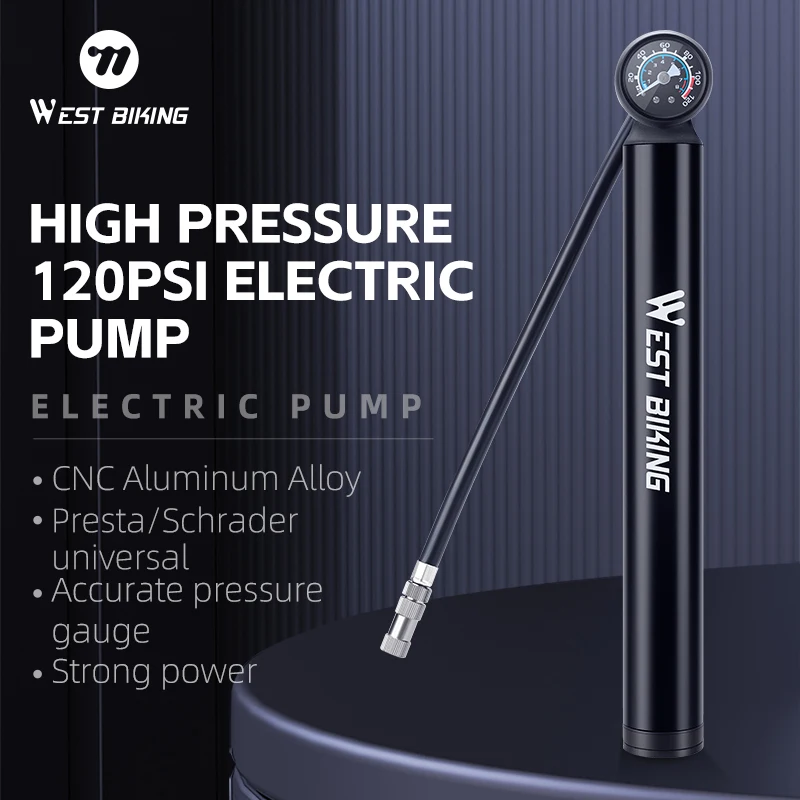 

WEST BIKING Bicycle Electric Pump 120Psi High Pressure With Gauge Cycling Tire Inflator Presta Schrader Valve MTB Road Bike Pump