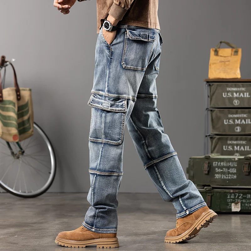 Autumn and winter new styles Men's Outdoor Wide Leg Workwear Multi-Pocket Jeans Straight fit plus size men's jeans 42 44