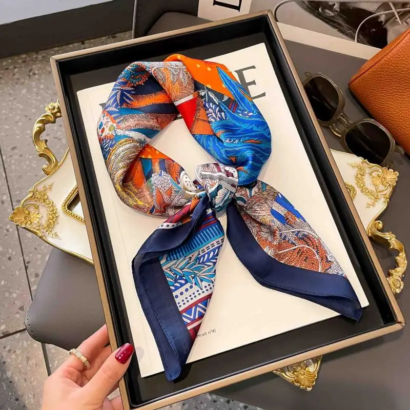 Luxury Silk Satin Square Scarf for Women Elegant Floral Print Multi-Purpose Kerchief Neck Scarf Hair Band Bag Ribbon Hijab image 6