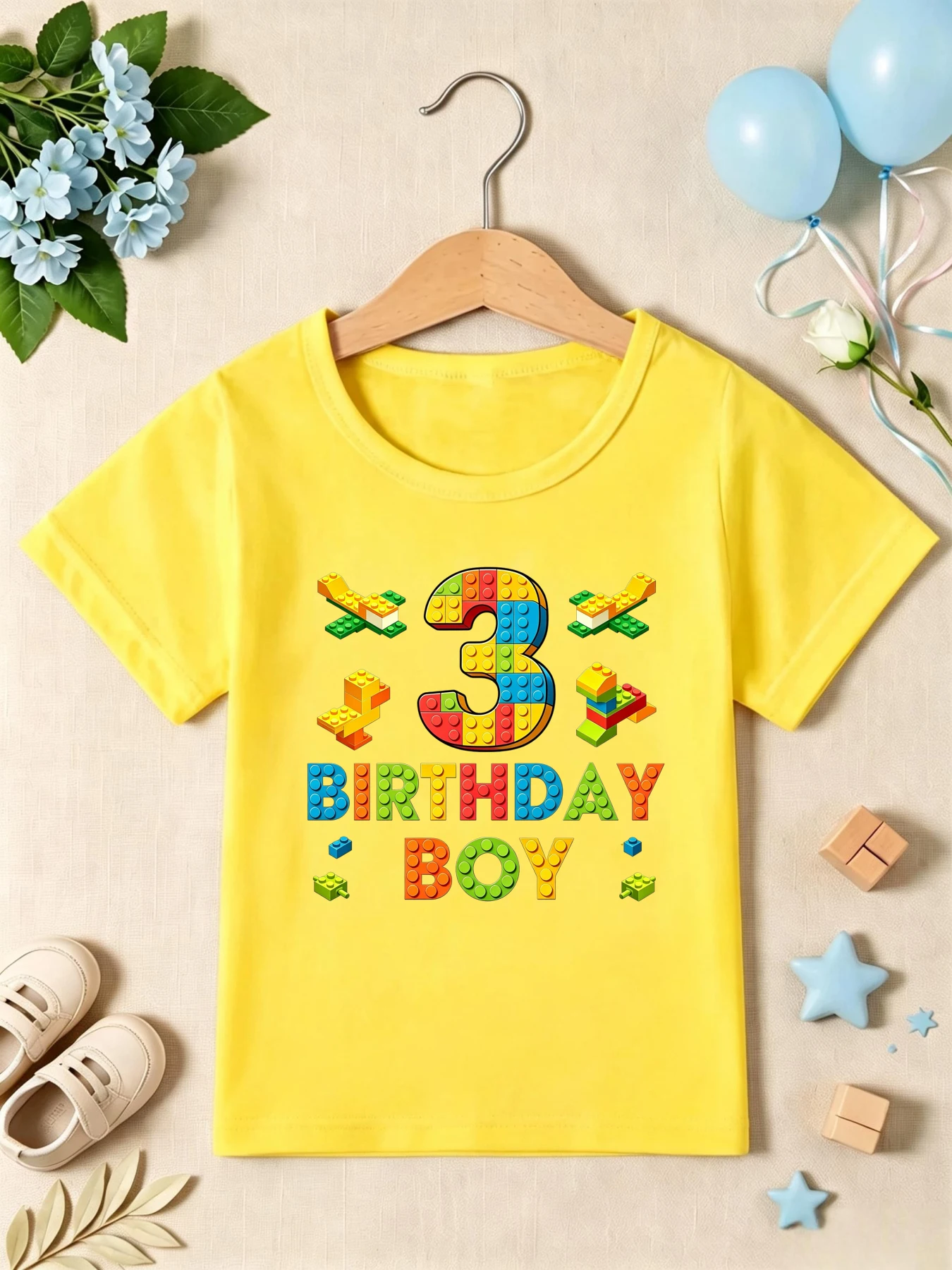 3rd Birthday Boy Building Blocks Airplane Printed T Shirt Girls Funny Kids Clothes The Best Birthday Gift T-Shirt
