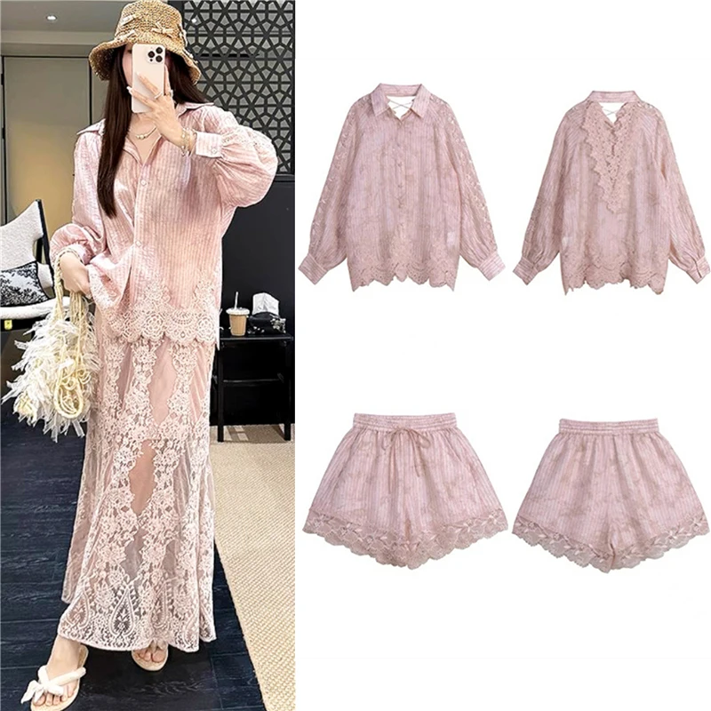 

2025 модные повседневные шорты, костюм из двух предметов, свободная однобортная рубашка, рубашка розового цвета, универсальный женский гардероб SL149