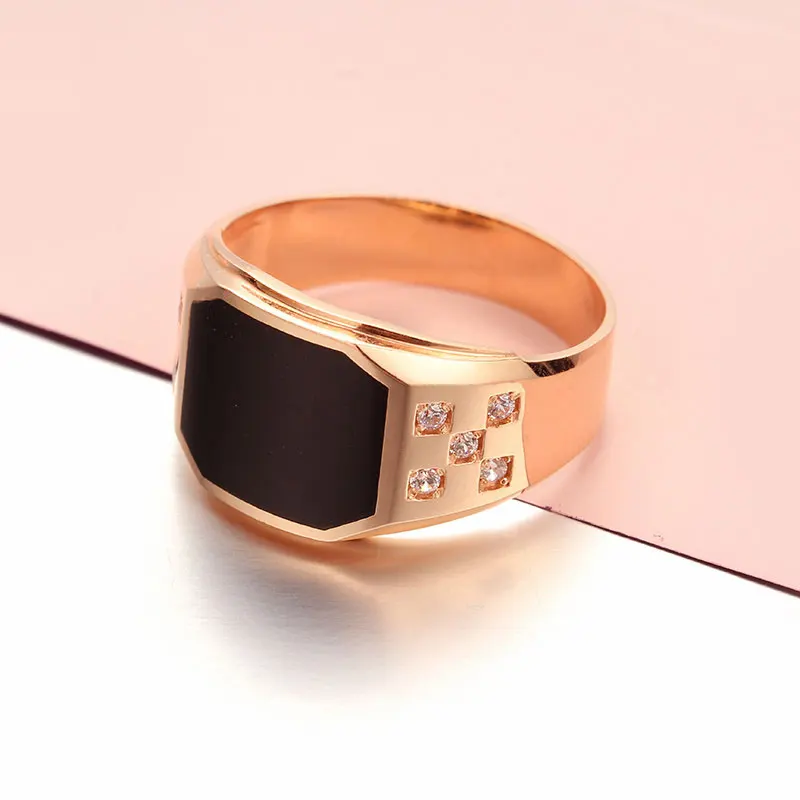 585 purple gold plated 14K rose gold square Black Onyx men rings crystal wide version business generous wedding jewelry