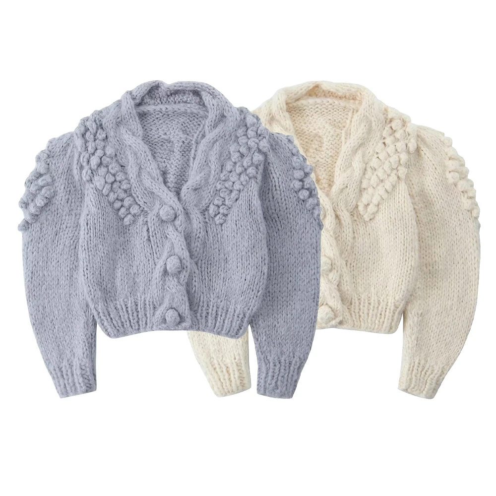 

Zach Ailsa Autumn New Product Women's Casual Loose V-neck Single breasted Handmade Flower Decoration Sweater Cardigan
