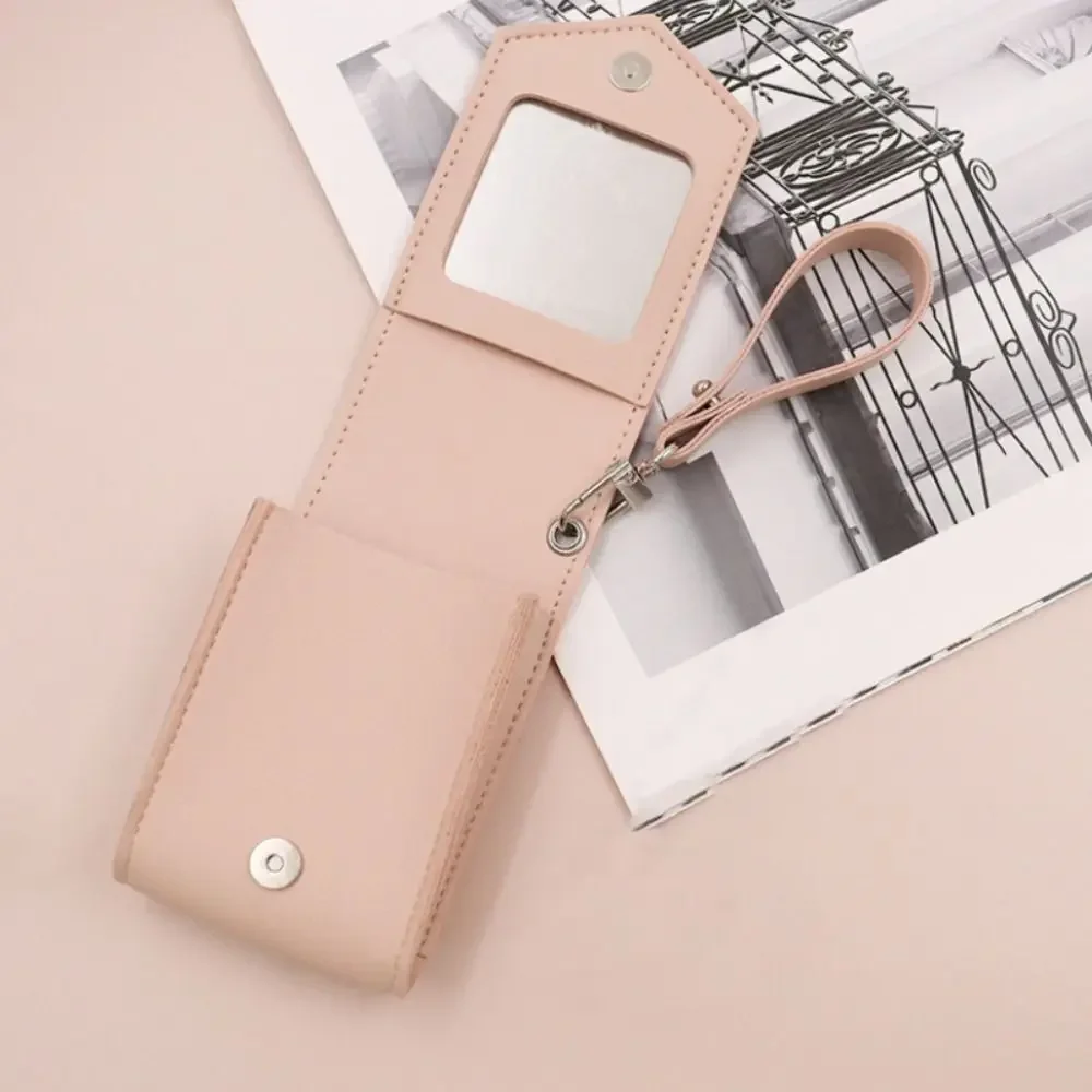 PU Leather Lipstick Bag with Mirror Mini Lipstick Protective Cover Cosmetic Bags Cases Solid Color Makeup Bag