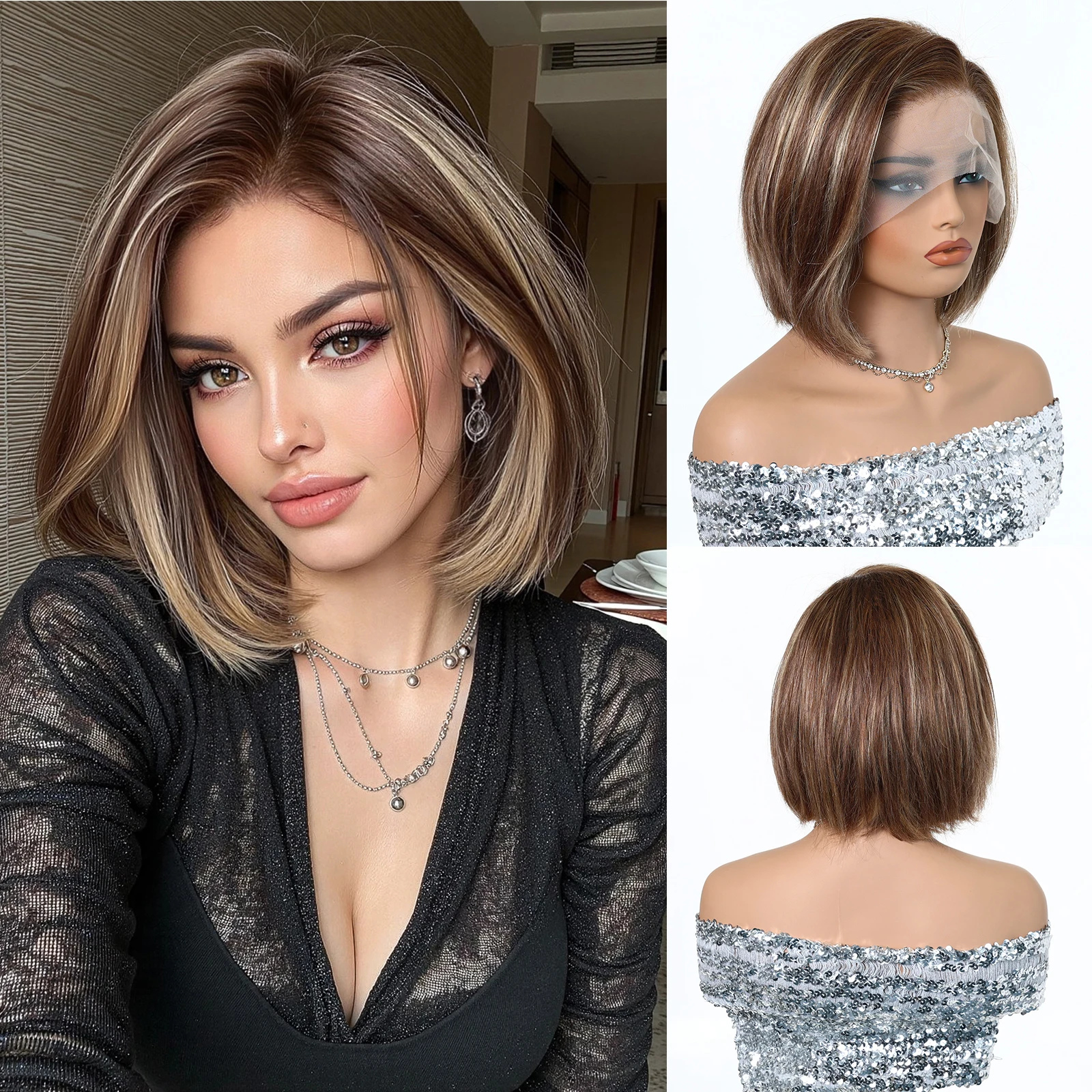 Chocolate Brown With Blonde Highlights Human Hair Wigs for Women Short Straight Bob Wigs 13*4 Lace Frontal Wigs Natural Hairline