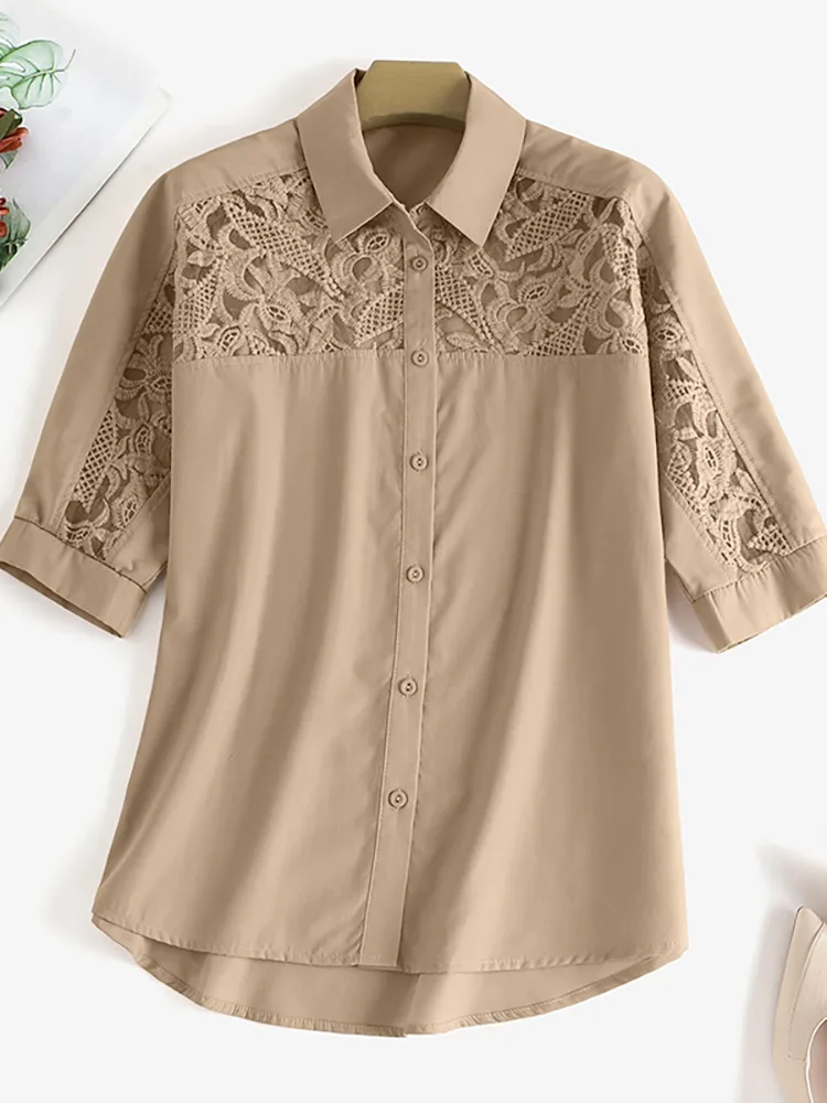 ZANZEA-camisa de encaje de ganchillo para mujer, blusa informal de trabajo de oficina, cuello de solapa, Media manga, Tops de retazos, Túnica 2023