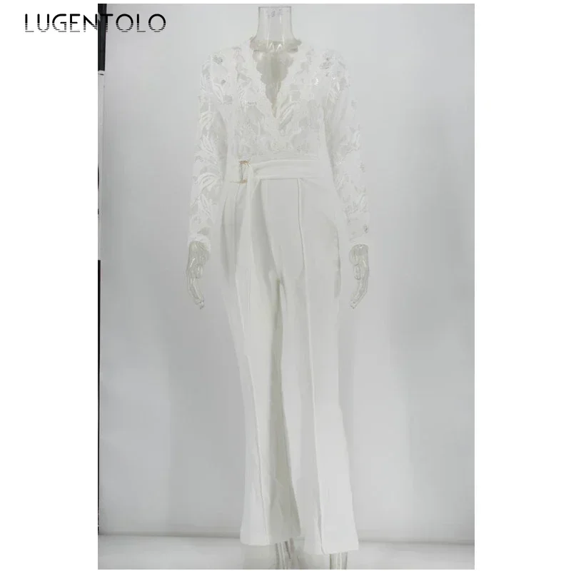 Lugentolo-Mono Blanco con costuras de encaje para mujer, traje de manga larga con cuello en V, pantalones de pierna ancha de talla grande, para oficina