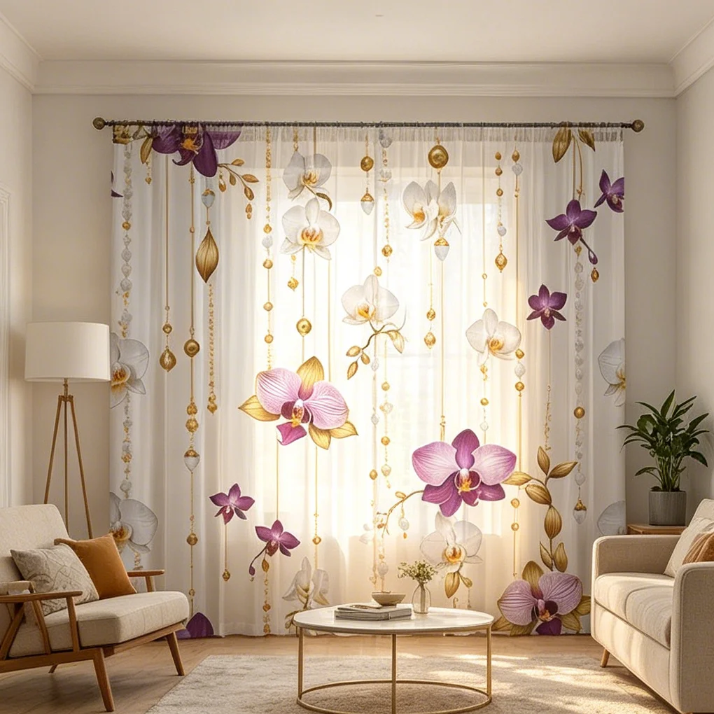 2PCS Digital Printed Sheer Curtain, Chain Orchid Flower Print, Elegant Vintage Floral Chain for Living Room Bedroom Home Decor - view 6