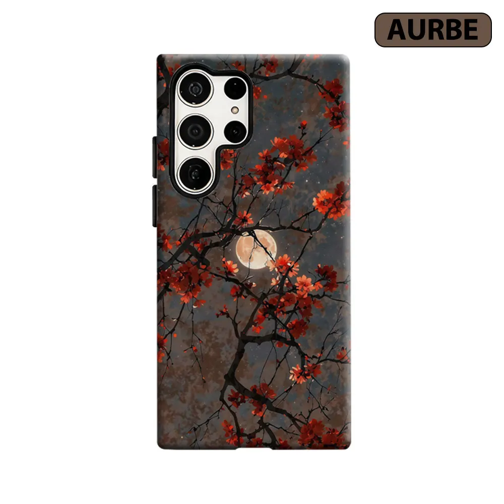 Aurbe Phone Case For Samsung Galaxy S26 S25 S24 Ultra Plus HD Hard Moonlit Red Cherry Blossom Branches Double Layer Film Cover