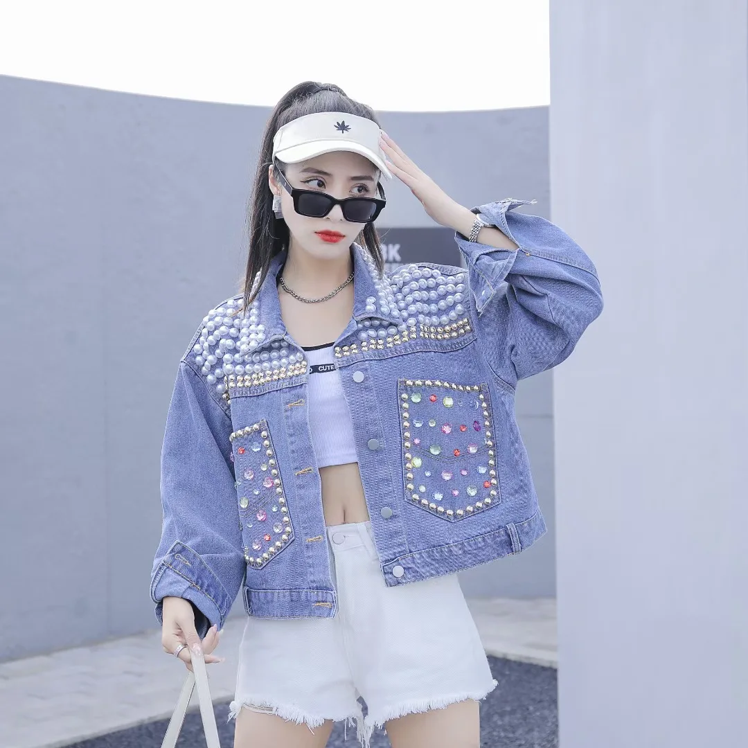 European Station 2022 Spring and Autumn New Heavy Industry Denim Jacket Women's Pearl Nail Diamond Short Top Jacket Cross-border