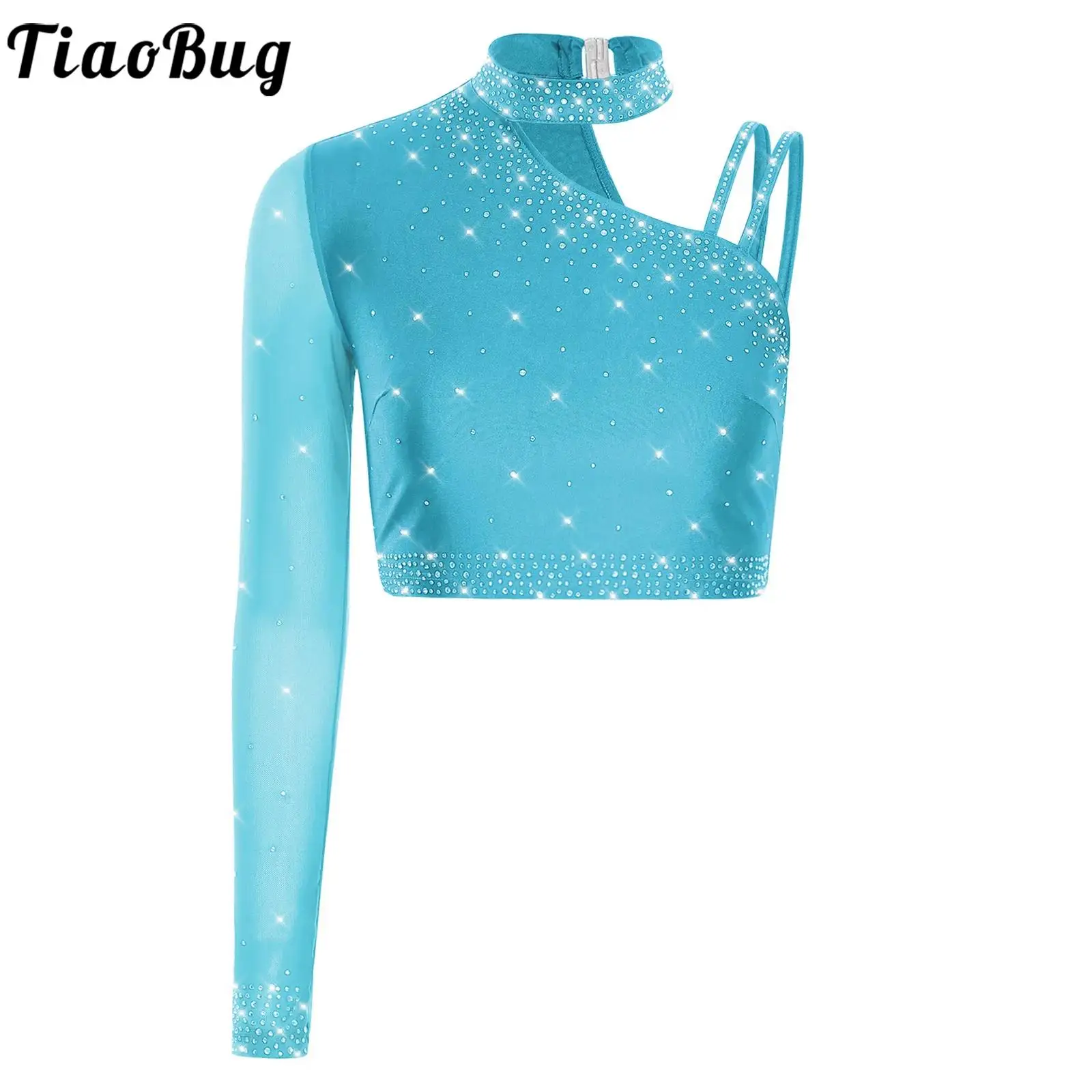 เสื้อครอปท็อปสำหรับเต้นลาติน เต้นระบำหน้าท้อง เสื้อสำหรับเล่นฟิกเกอร์สเก็ต แขนยาวเดี่ยว ประดับคริสตัล สำหรับการแสดงเต้นสมัยใหม่