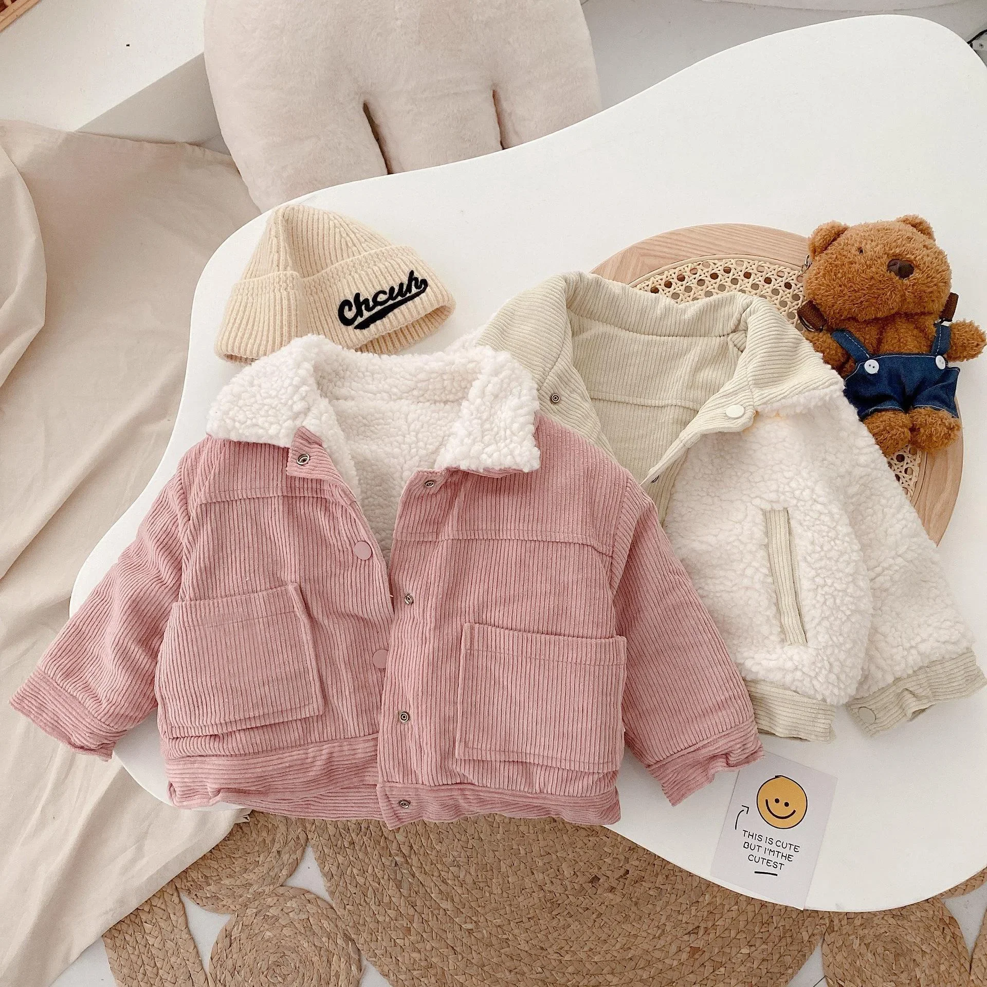 

Outerwear Childrens Clothing Winter Plush Children Korean Corduroy Coat Boys Girls Warm Tops Striped Turn Down Collar