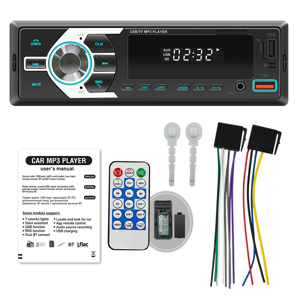 BQCC 1Din MP3 Autoradio FM USB TF AUX Input Stereo Radio Bluetooth Power Protect 7 color lights Dual USB Multimedia Car Audio