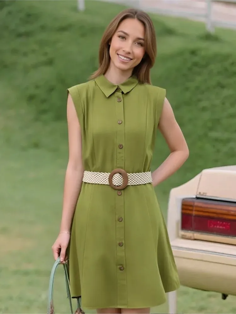 셔츠 짧은 드레스 여성 패션 간단한 민소매 리넨 민소매 벨트 미니 드레스 2025 새로운 여름 싱글 브레스트 드레스